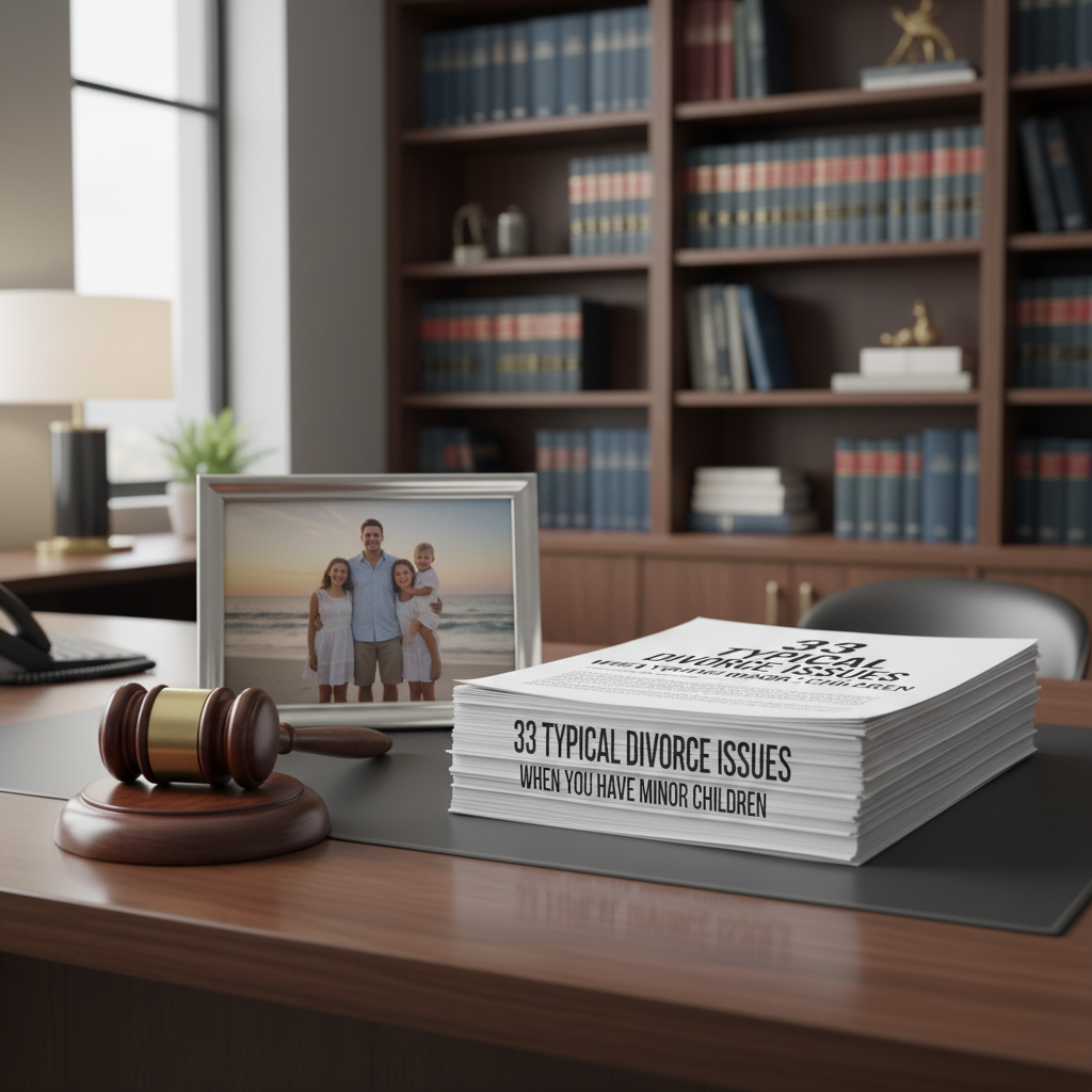 33 divorce issues with minor children content on a desk with a picture of a family
