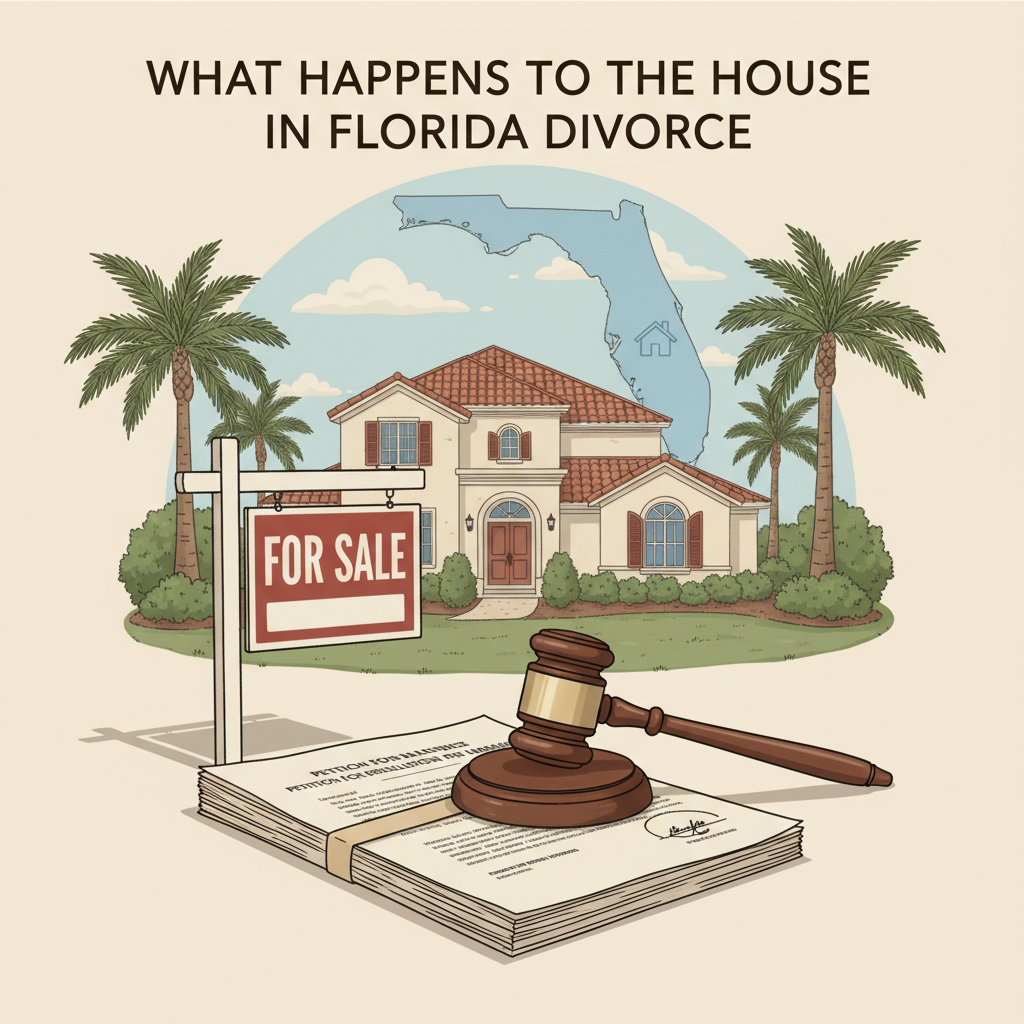 image of house with a four sale sign - what happens to the house in a divorce
